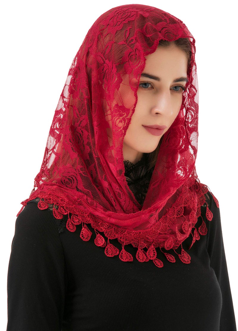 PAMOR Mass Veil Triangle Mantilla Cathedral Head Covering Chapel Veil Lace Shawl Latin Scarf (Maroon) - Image 1